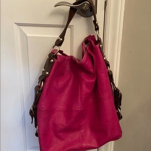 Tano ~ pink leather purse with brown trim